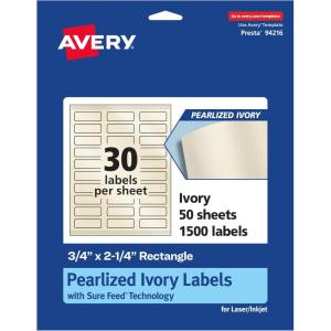 imageAvery Pearlized Ivory Rectangle Labels Sure Feed Technology PrinttoTheEdge 075quot x 225quot 300 Pearlized Ivory Labels LaserInkjet Printable1 500 labels