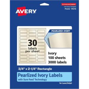 imageAvery Pearlized Ivory Rectangle Labels Sure Feed Technology PrinttoTheEdge 075quot x 225quot 300 Pearlized Ivory Labels LaserInkjet Printable3 000 labels