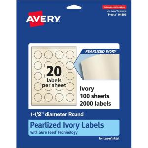 imageAvery Pearlized Ivory Round Labels Sure Feed Technology PrinttoTheEdge 15quot Diameter 200 Pearlized Ivory Labels LaserInkjet Printable2 000 labels