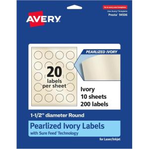 imageAvery Pearlized Ivory Round Labels Sure Feed Technology PrinttoTheEdge 15quot Diameter 200 Pearlized Ivory Labels LaserInkjet Printable200 labels