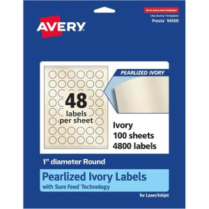 imageAvery Pearlized Ivory Round Labels Sure Feed Technology PrinttoTheEdge 1quot Diameter 480 Pearlized Ivory Labels LaserInkjet Printable4 800 labels