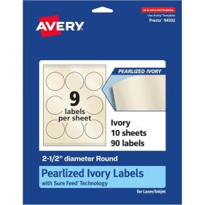 imageAvery Pearlized Ivory Round Labels Sure Feed Technology PrinttoTheEdge 25quot Diameter 90 Pearlized Ivory Labels LaserInkjet Printable90 labels