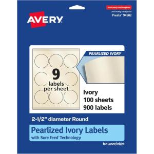imageAvery Pearlized Ivory Round Labels Sure Feed Technology PrinttoTheEdge 25quot Diameter 90 Pearlized Ivory Labels LaserInkjet Printable900 labels