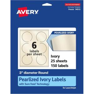 imageAvery Pearlized Ivory Round Labels Sure Feed Technology PrinttoTheEdge 3quot Diameter 60 Pearlized Ivory Labels LaserInkjet Printable150 labels