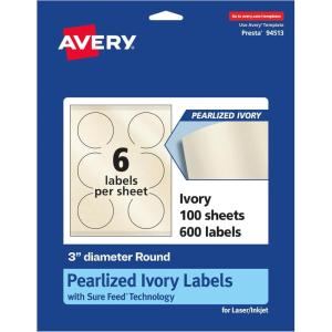 imageAvery Pearlized Ivory Round Labels Sure Feed Technology PrinttoTheEdge 3quot Diameter 60 Pearlized Ivory Labels LaserInkjet Printable600 labels