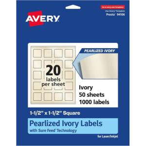 imageAvery Pearlized Ivory Square Labels Sure Feed Technology PrinttoTheEdge 15quot x 15quot 200 Pearlized Ivory Labels LaserInkjet Printable1 000 labels