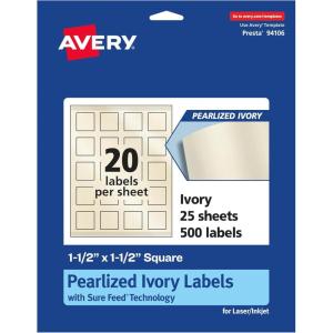 imageAvery Pearlized Ivory Square Labels Sure Feed Technology PrinttoTheEdge 15quot x 15quot 200 Pearlized Ivory Labels LaserInkjet Printable500 labels