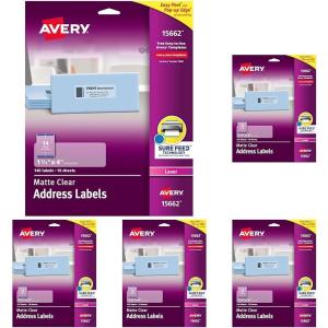 imageAvery Printable Address Labels with Sure Feed 113quot x 4quot Matte Clear 700 Blank Mailing Labels 05662140 labels Pack of 5