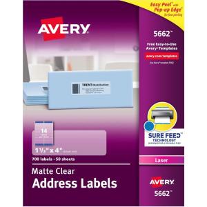 imageAvery Printable Address Labels with Sure Feed 113quot x 4quot Matte Clear 700 Blank Mailing Labels 05662700 Labels Pack of 5