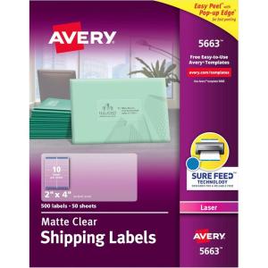 imageAvery Printable Shipping Labels with Sure Feed 2quot x 4quot Matte Clear 500 Blank Mailing Labels 56631 Pack