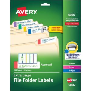 imageAvery TrueBlock Extra Large File Folder Labels 1516quot x 3716quot 450 Printable Labels Assorted Colors 50261516 x 3716 in