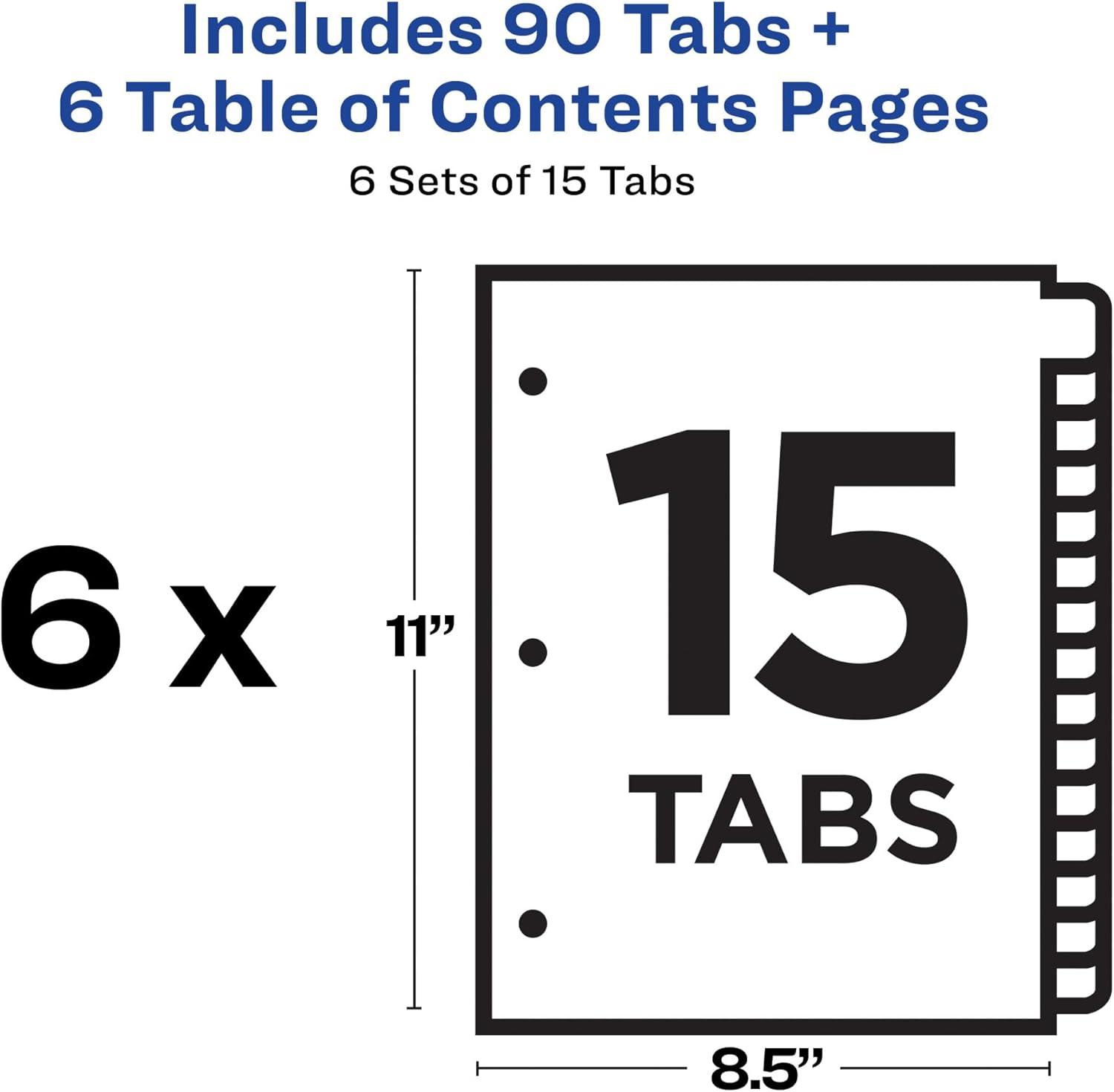 imageAvery 15 Tab Dividers for 3 Ring Binders Customizable Table of Contents Multicolor Tabs 6 Sets 111976 sets