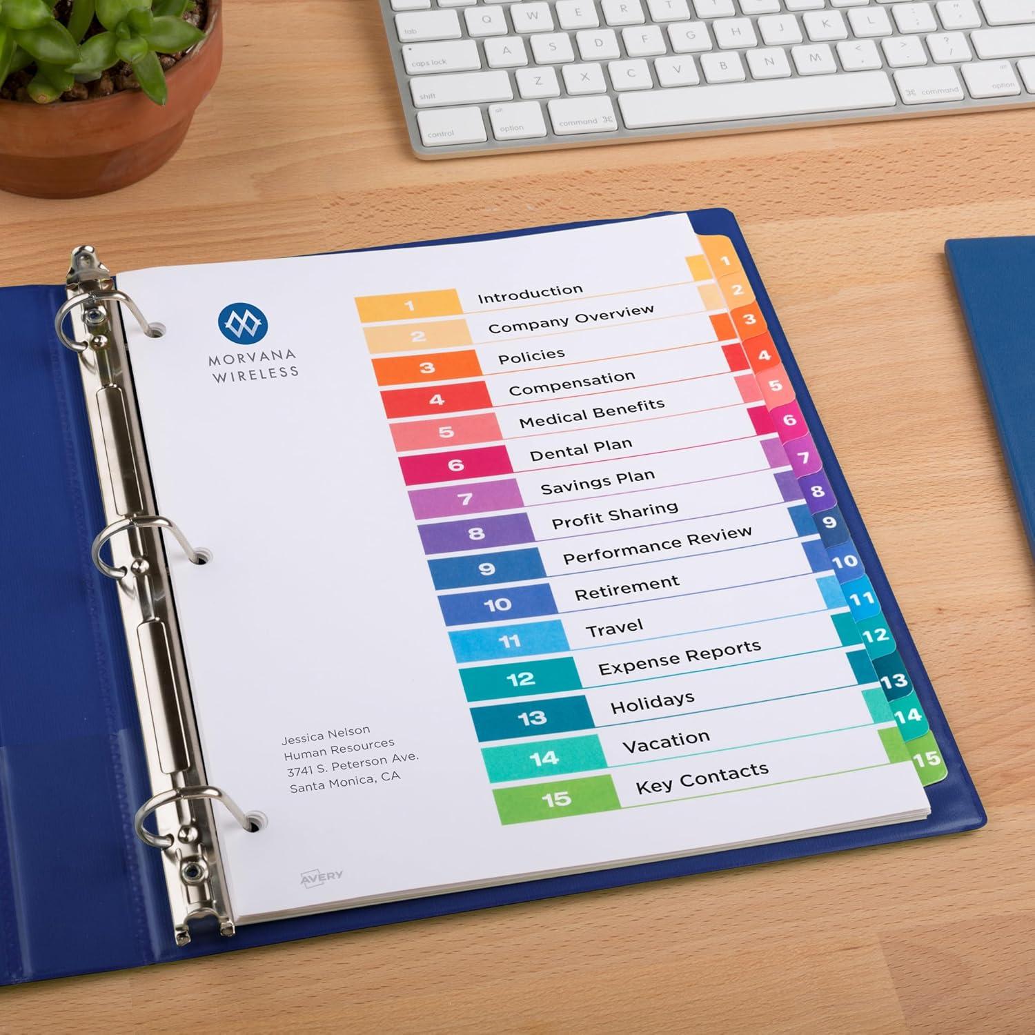 imageAvery 15 Tab Dividers for 3 Ring Binders Customizable Table of Contents Multicolor Tabs 6 Sets 111976 sets