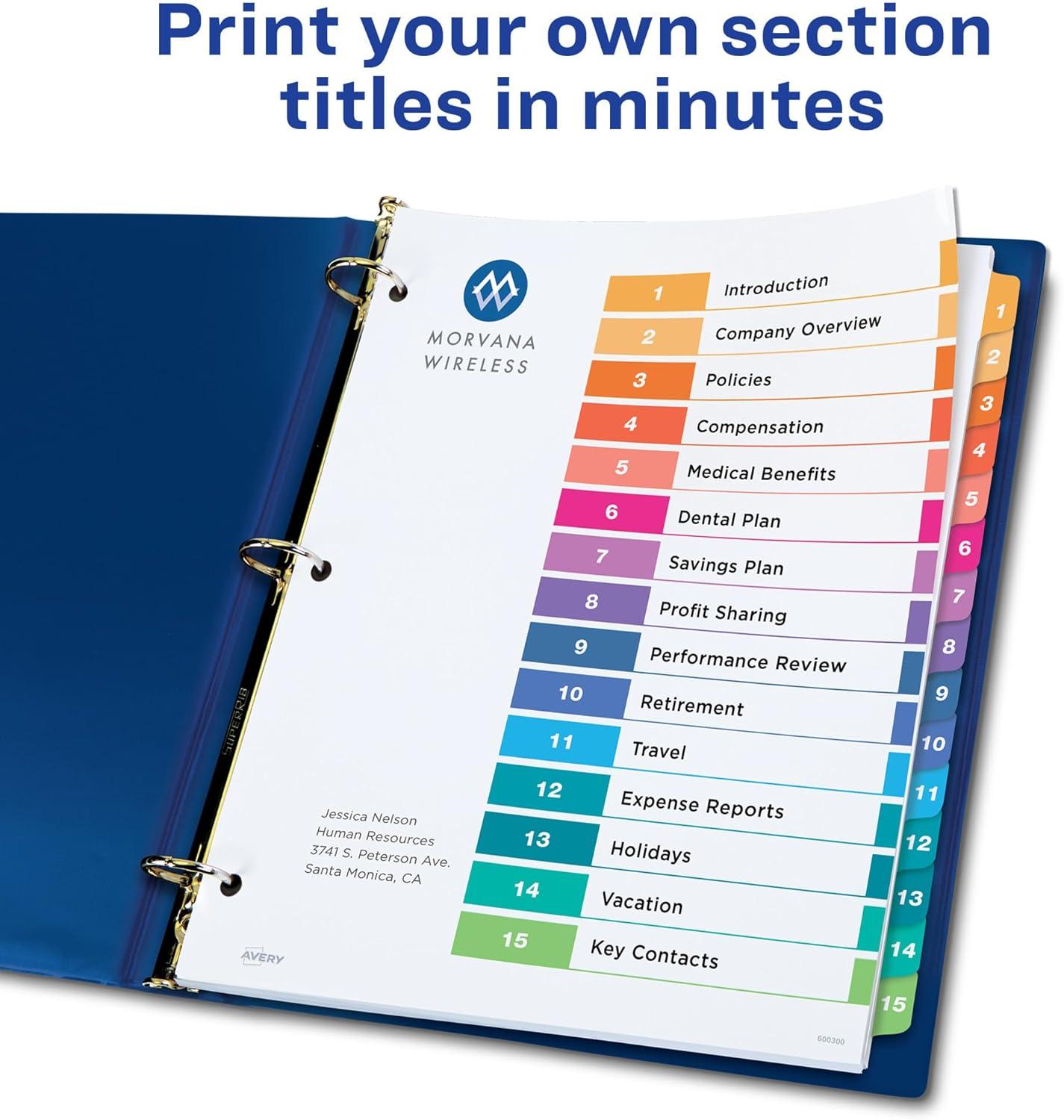 imageAvery 15 Tab Dividers for 3 Ring Binders Customizable Table of Contents Multicolor Tabs 6 Sets 111976 sets
