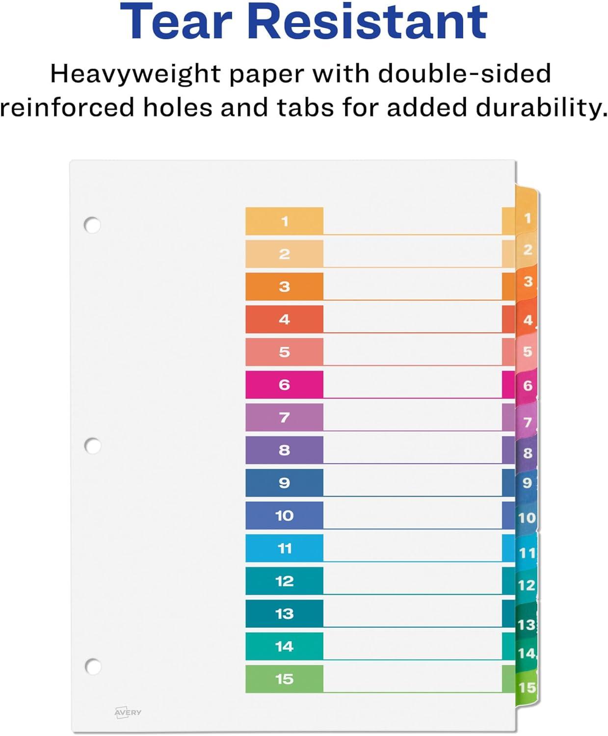 imageAvery 15 Tab Dividers for 3 Ring Binders Customizable Table of Contents Multicolor Tabs 6 Sets 111976 sets