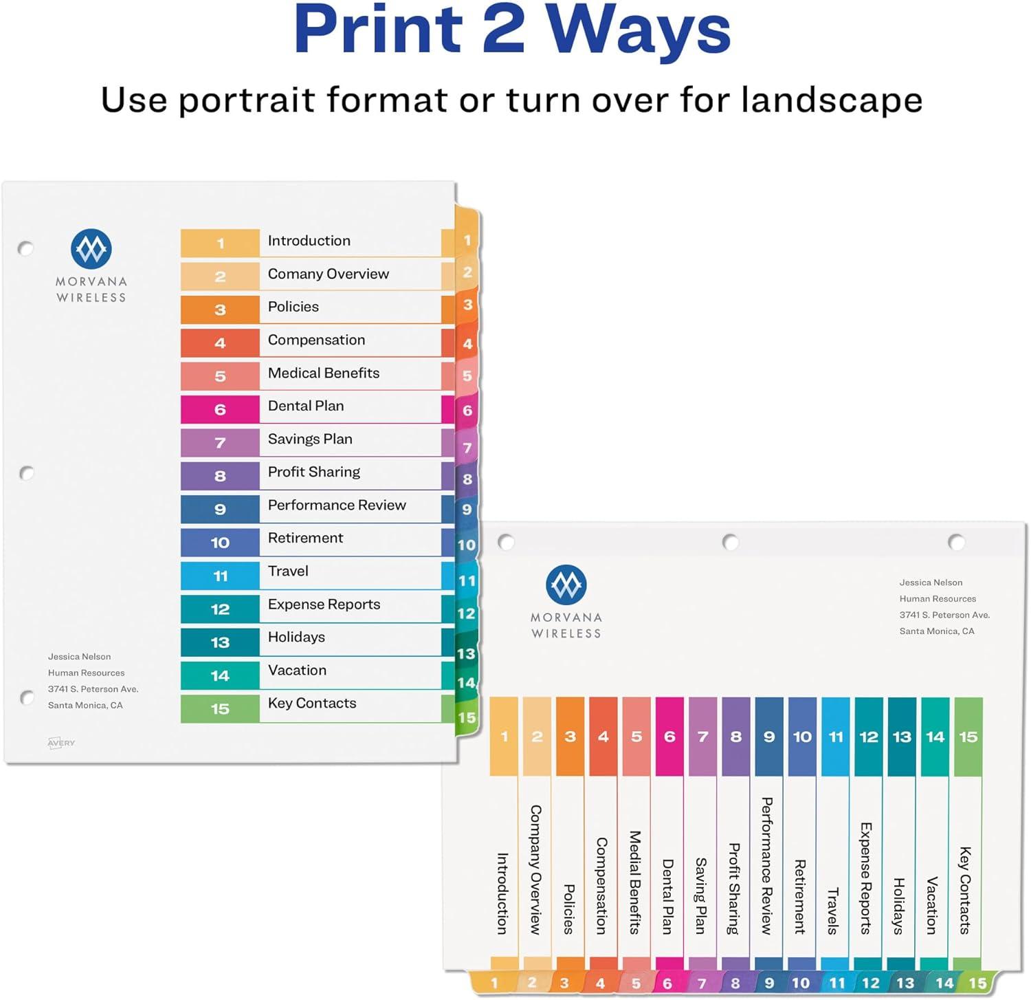 imageAvery 15 Tab Dividers for 3 Ring Binders Customizable Table of Contents Multicolor Tabs 6 Sets 111976 sets