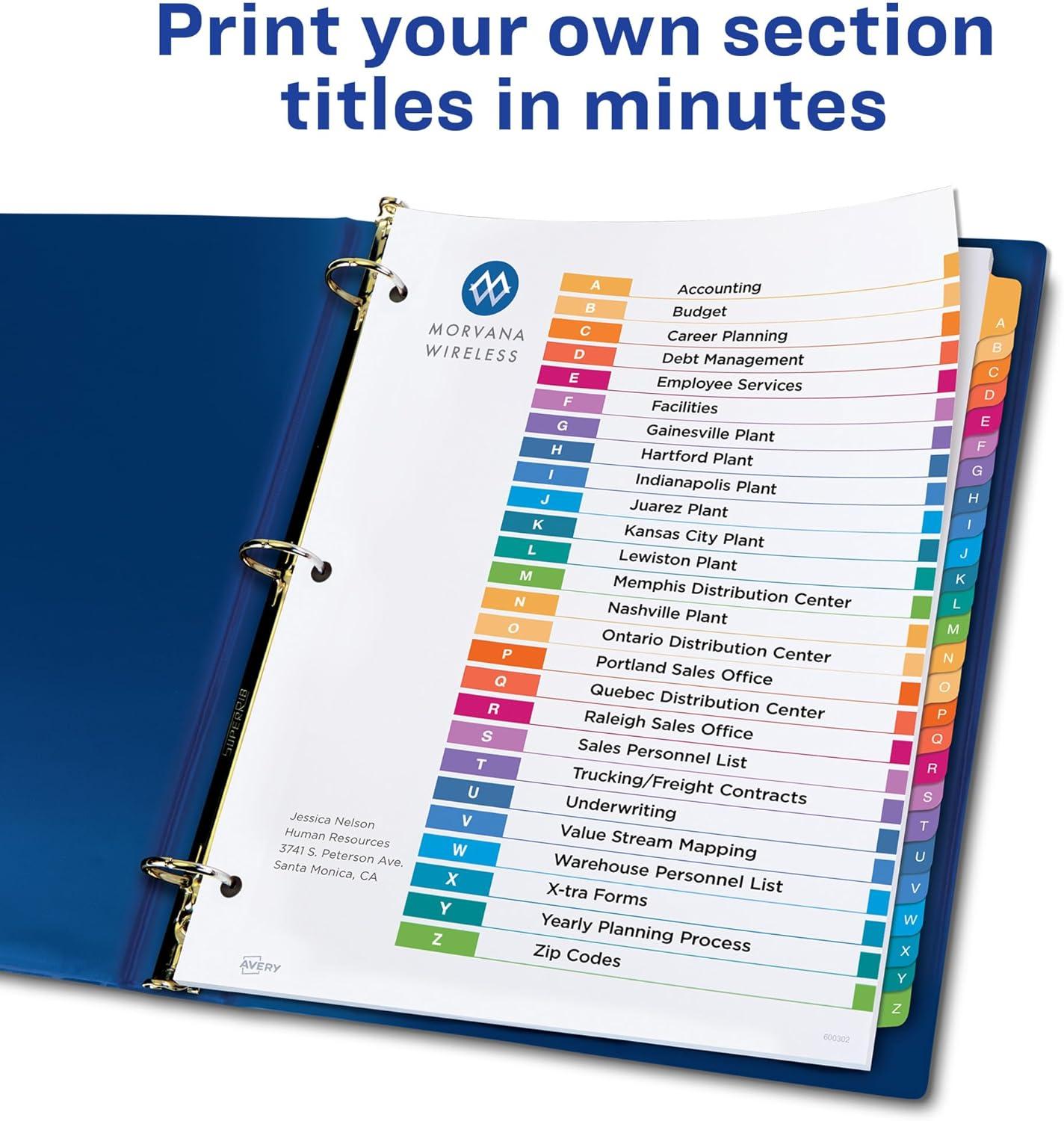 imageAvery AZ Dividers for 3 Ring Binders 26 Tabs per Set Customizable Table of Contents Multicolor Tabs Great for Organizing Reports Projects and More 111250281 H x 110 L x 110 W