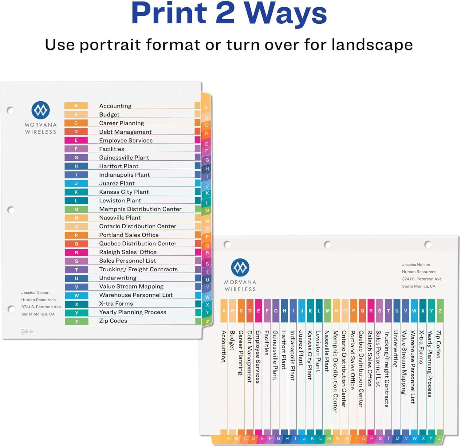 imageAvery AZ Dividers for 3 Ring Binders 26 Tabs per Set Customizable Table of Contents Multicolor Tabs Great for Organizing Reports Projects and More 111250281 H x 110 L x 110 W