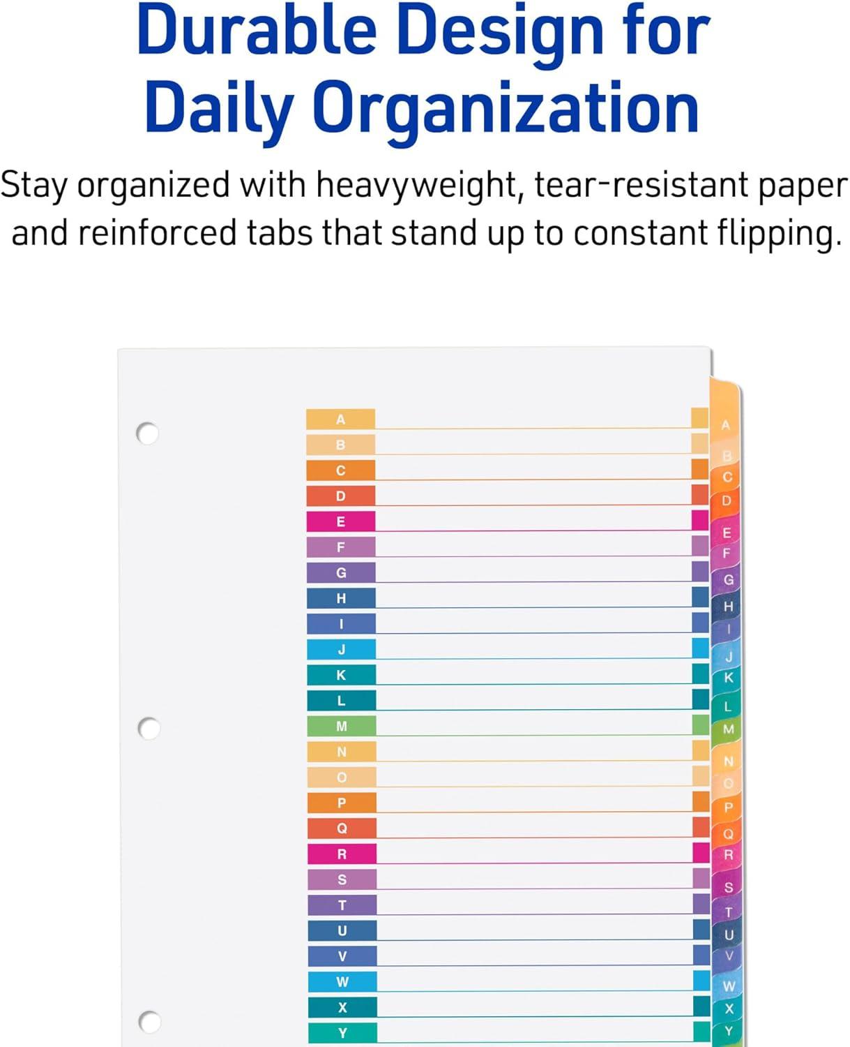 imageAvery AZ Dividers for 3 Ring Binders 26 Tabs per Set Customizable Table of Contents Multicolor Tabs Great for Organizing Reports Projects and More 111250281 H x 110 L x 110 W