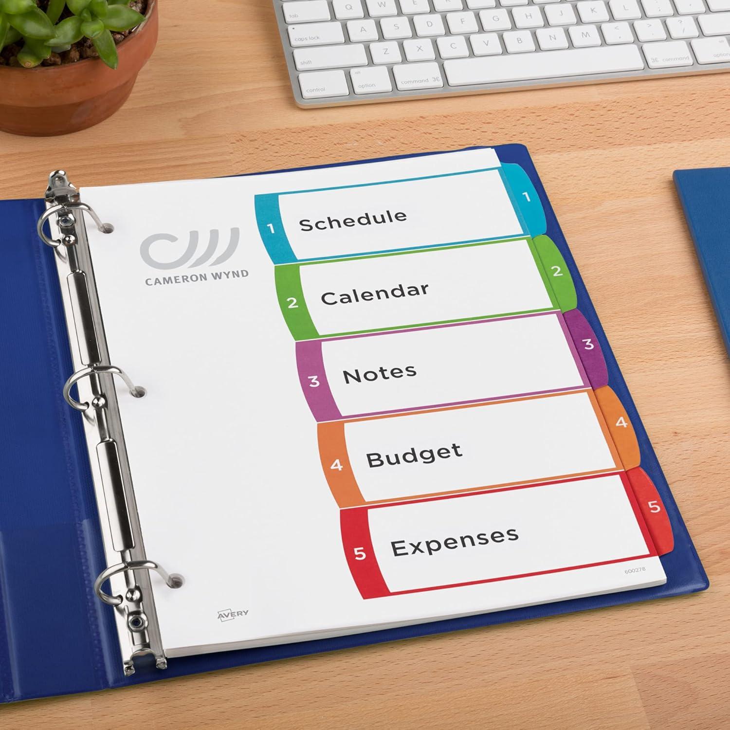 imageAvery Dividers for 3 Ring Binders 5 Tabs per Set Customizable Table of Contents Multicolor Arched Tabs Great for Organizing Reports Projects and More 11840Pack of 1