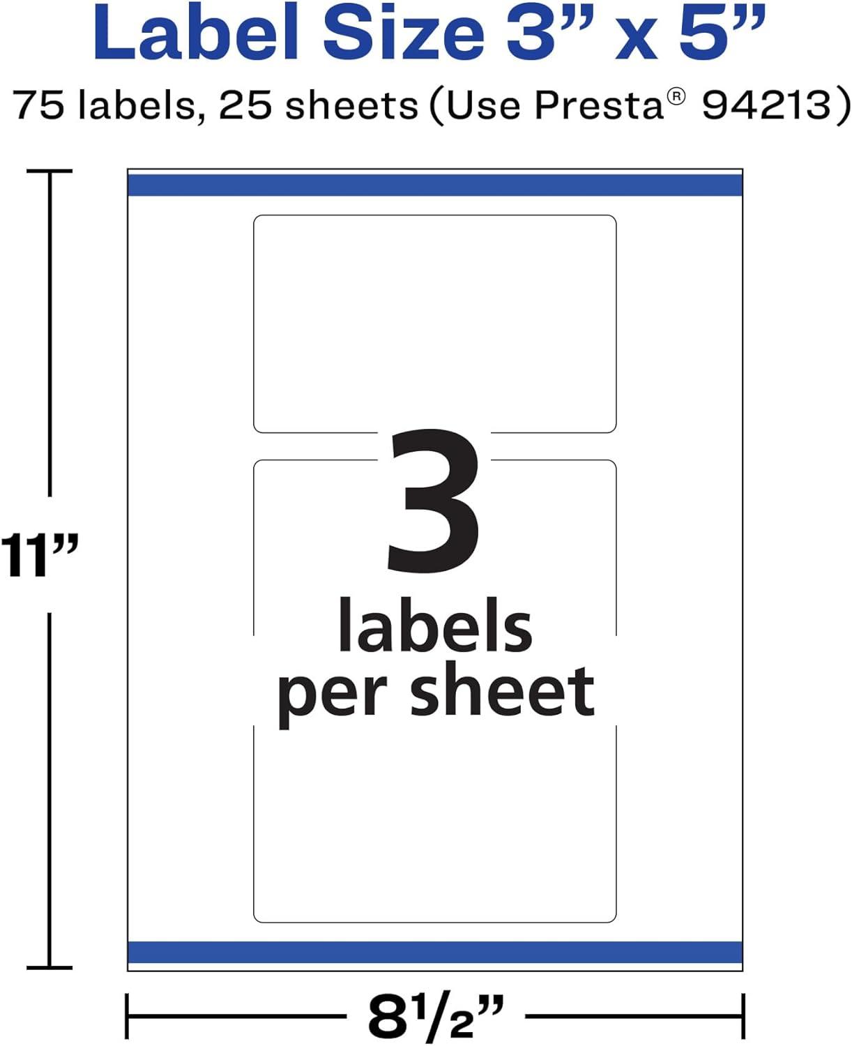 imageAvery Durable Removable Rectangle Labels Sure Feed Technology 3quot x 5quot Matte White Film WaterResistant PrinttoTheEdge LaserPigmentBased Inkjet Printable 75 Total75 labels