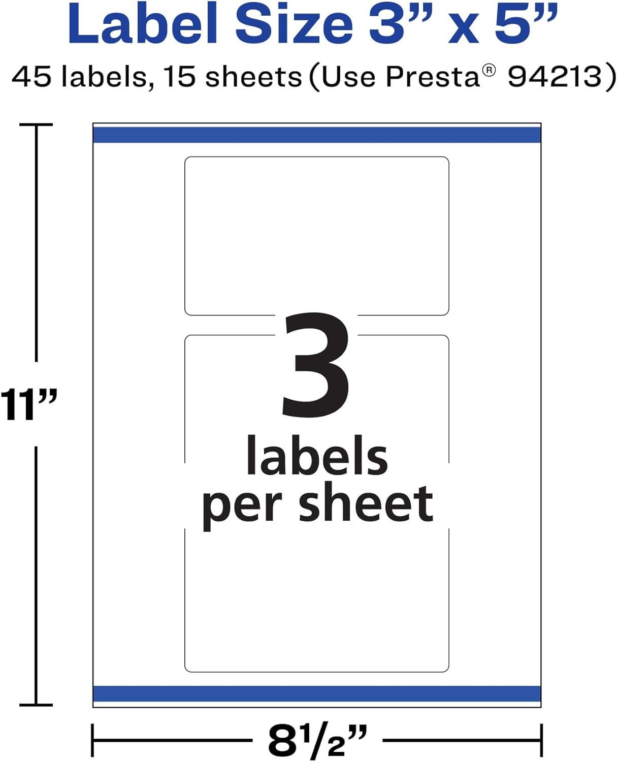 imageAvery Durable Removable Rectangle Labels Sure Feed Technology 3quot x 5quot Matte White Film WaterResistant PrinttoTheEdge LaserPigmentBased Inkjet Printable 75 Total45 labels