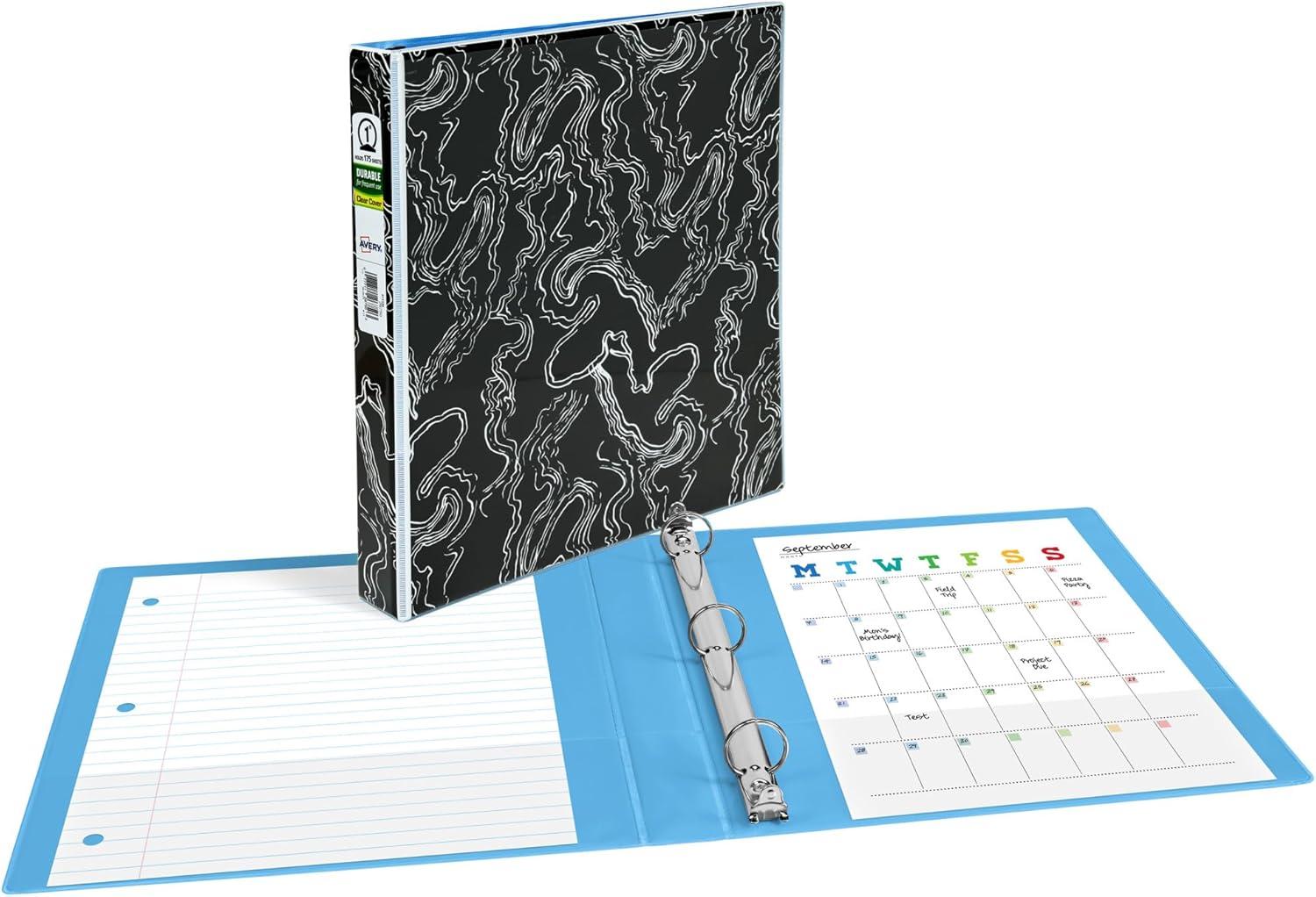 imageAvery Durable View 3 Ring Binder 1 Inch Round Rings Black and White Marble Waves 1 Fashion Binder 26743