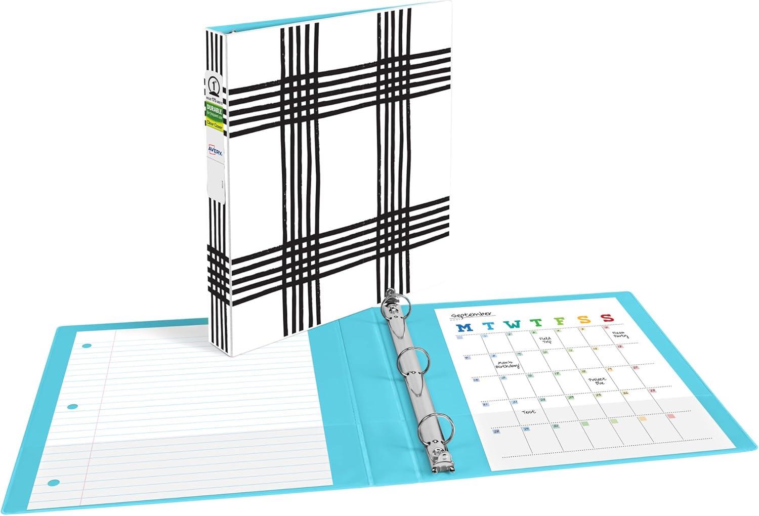 imageAvery Durable View 3 Ring Binder 1 Inch Round Rings Black and White Plaid 1 Fashion Binder 26742
