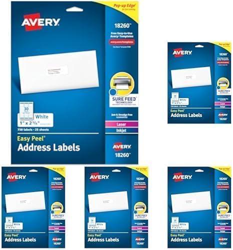 imageAvery Easy Peel Printable Address Labels with Sure Feed 1quot x 258quot Customizable Stickers White 300 Blank Mailing Labels Great for Mailing Shipping and More 181601 x 258 Pack of 5