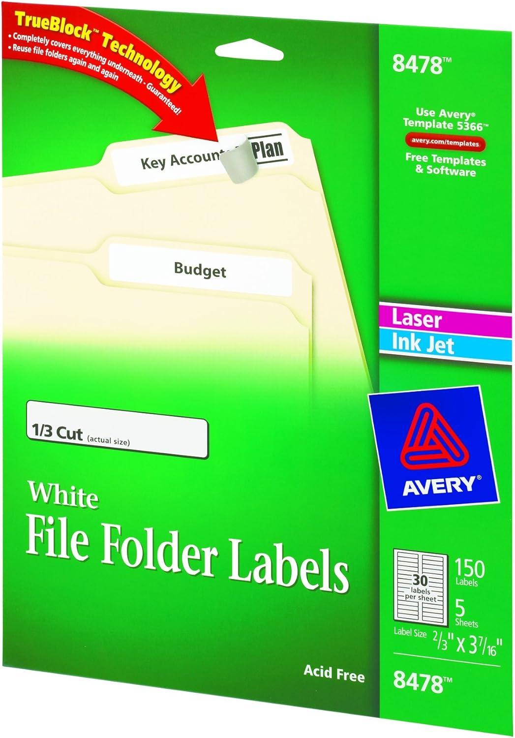 imageAvery File Folder Labels for Laser ampamp Inkjet Printers 066quot x 343quot White 150 Pack 8478