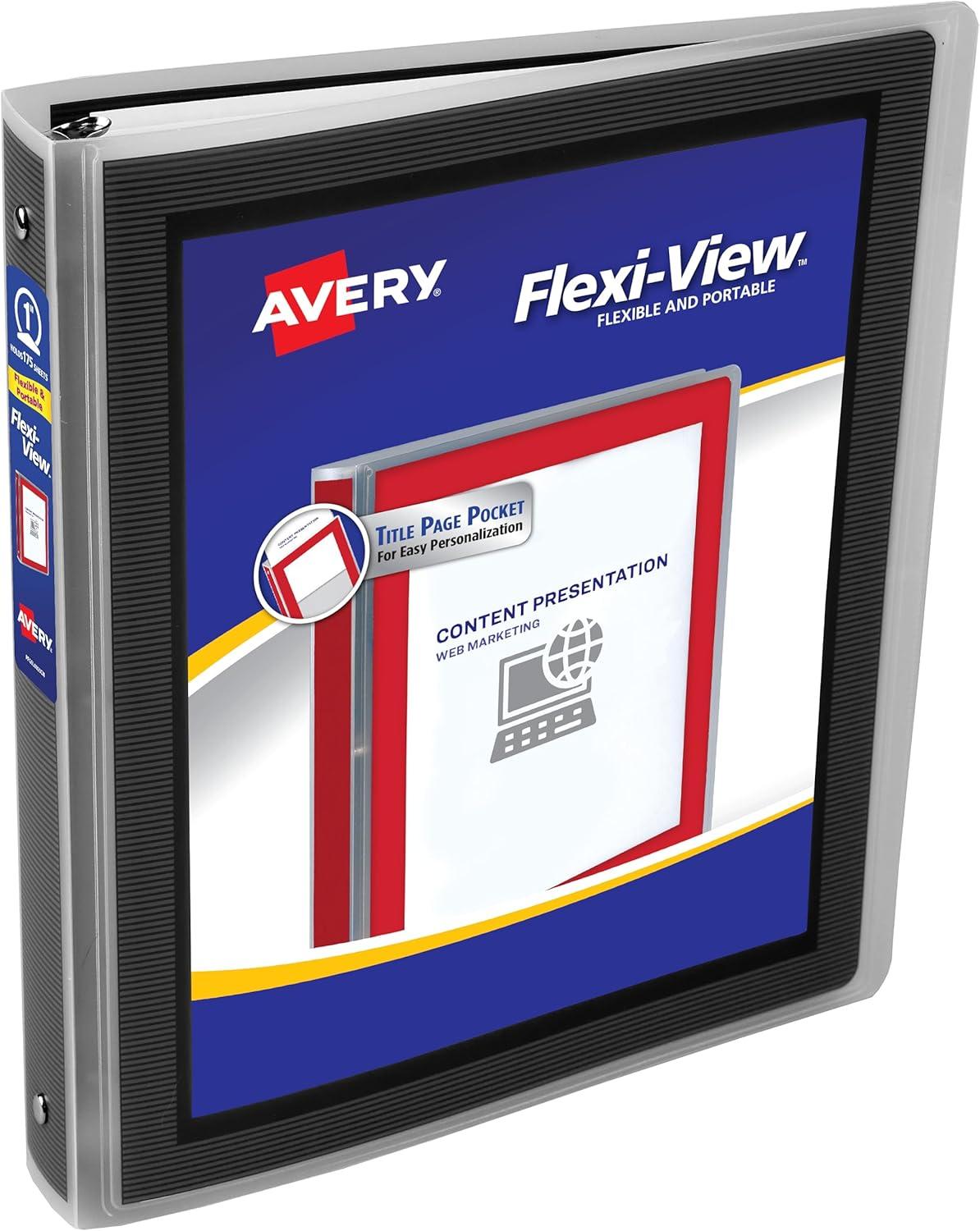 imageAvery FlexiView 3 Ring Binder 1 Inch Round Rings 1 Blue Binder 17607Black