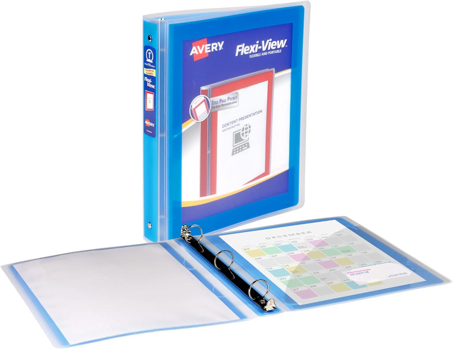 imageAvery FlexiView 3 Ring Binder 1 Inch Round Rings 1 Blue Binder 17607Blue