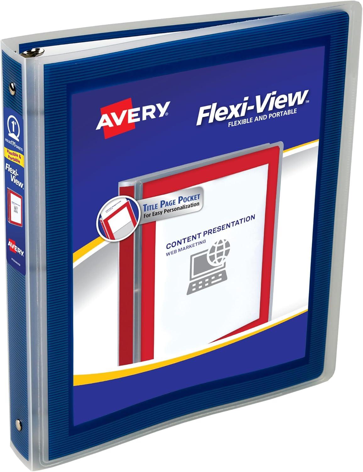 imageAvery FlexiView 3 Ring Binder 1 Inch Round Rings 1 Blue Binder 17607Navy Blue