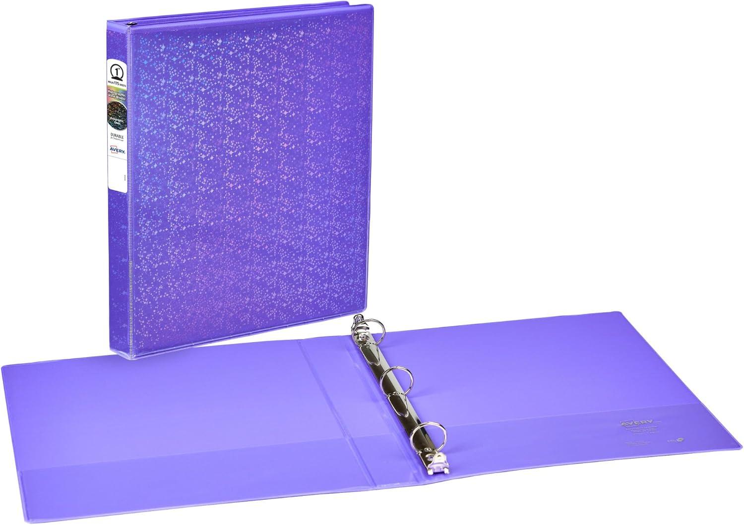 imageAvery Luxe Collection Durable Holographic 3 Ring Binder Customizable View Cover 1 Inch Round Rings 1 Holographic Violet Binder 03226Violet