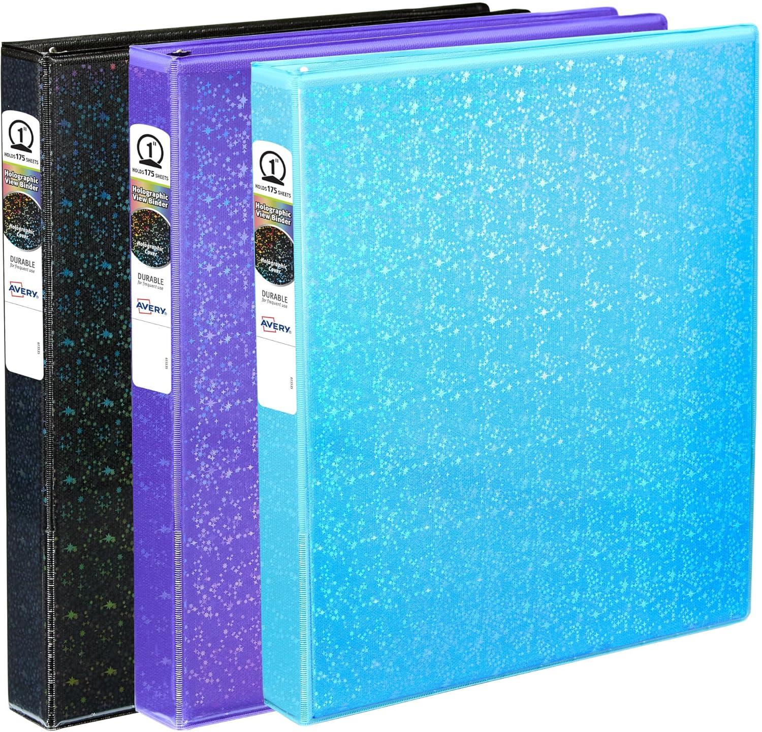 imageAvery Luxe Collection Durable Holographic 3 Ring Binder Customizable View Cover 1 Inch Round Rings 1 Holographic Violet Binder 03226Violet