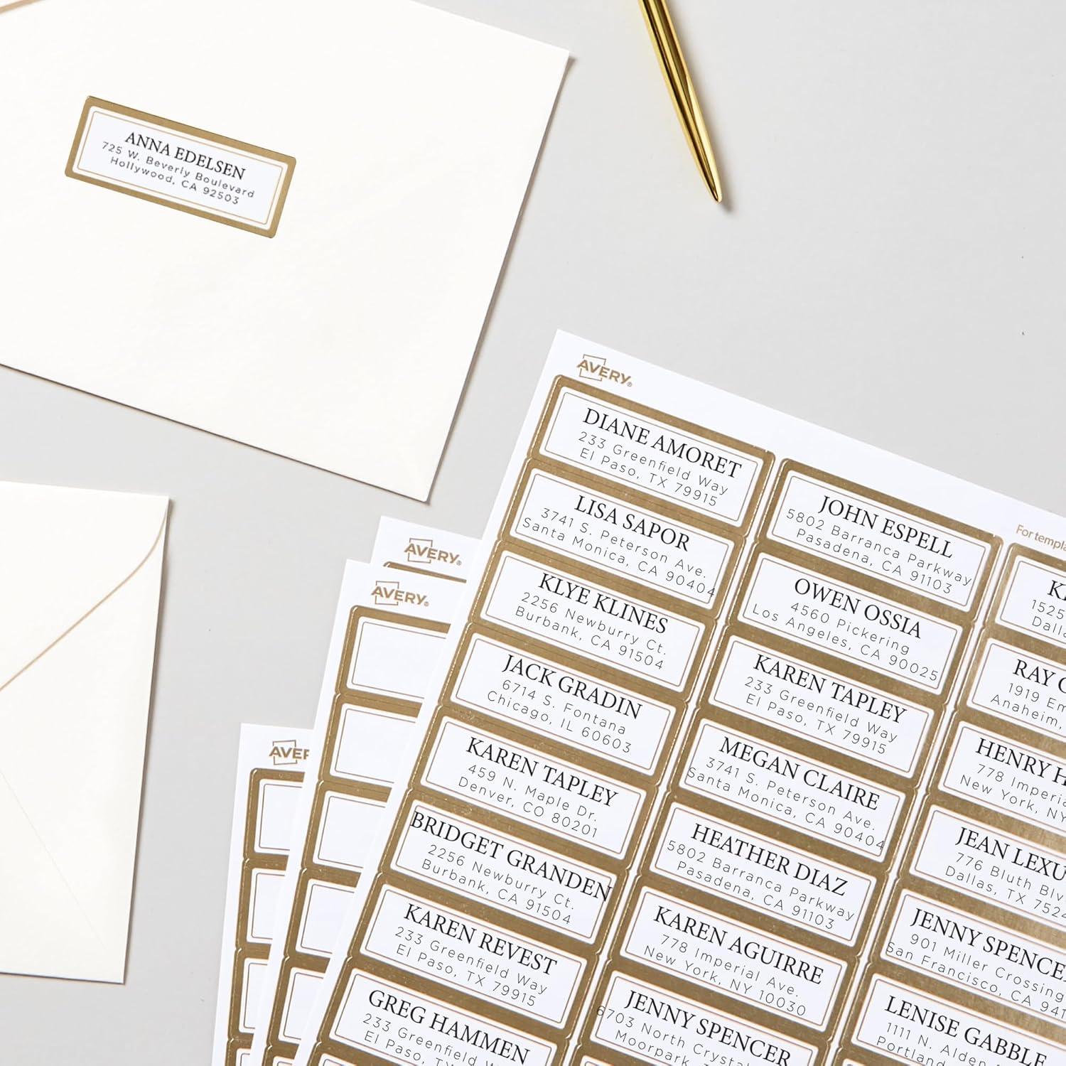 imageAvery Printable Address Labels 1quot x 258quot Matte White with Metallic Gold Borders Permanent Laser ampamp Inkjet Compatible 300 Blank Mailing Labels Great for Weddings Favors and More 6507