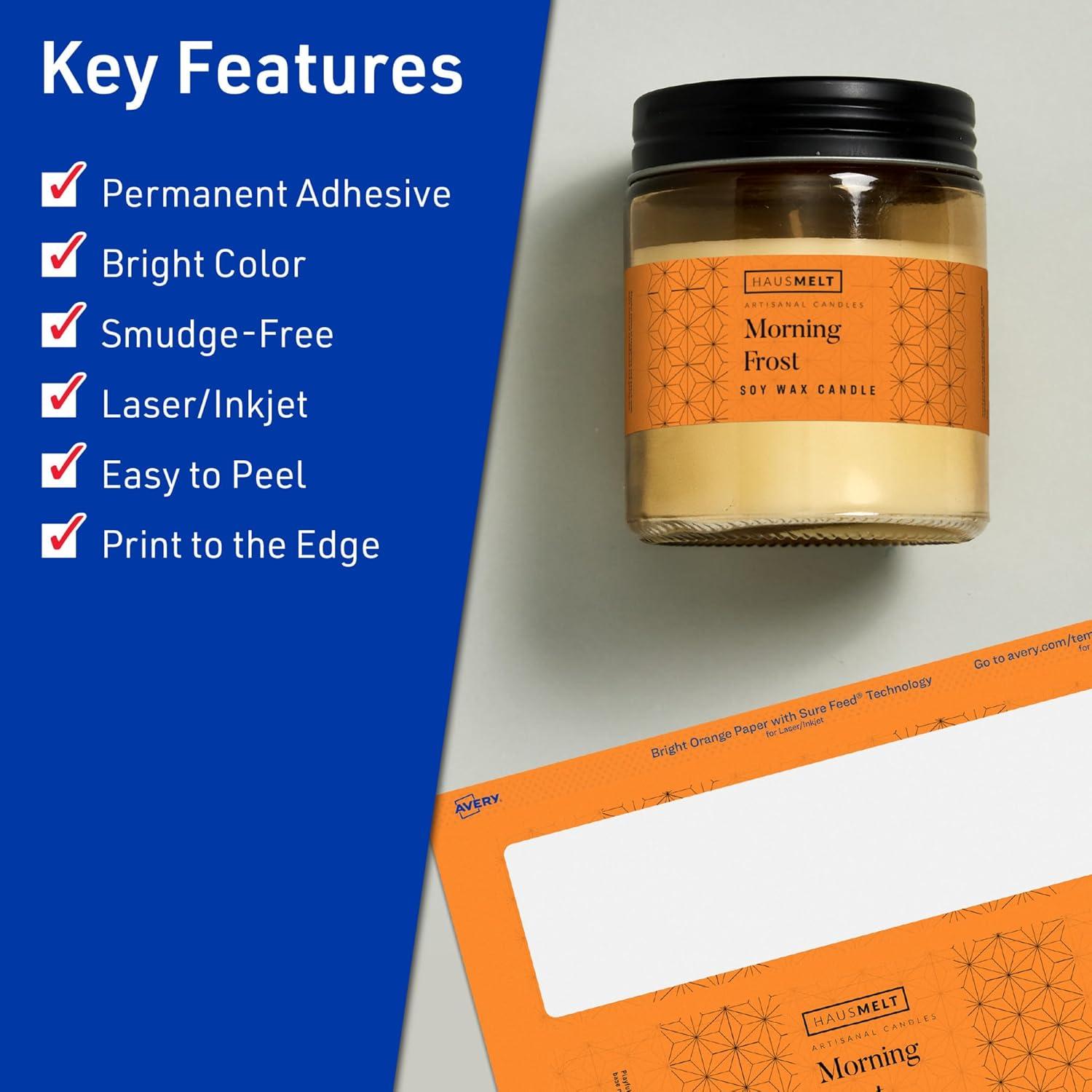 imageAvery Printable Rectangle Labels Sure Feed Technology 214quot x 734quot Bright Orange Labels PrinttoTheEdge LaserInkjet Printable 320 Total Great for Candles and Jars40 labels