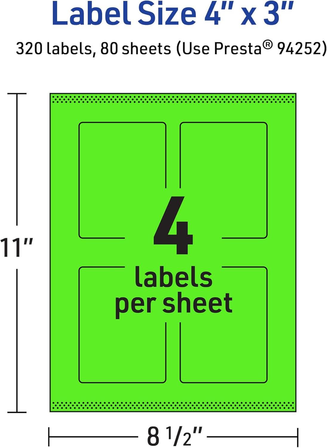 imageAvery Printable Rectangle Labels Sure Feed Technology 4quot x 3quot Neon Green Labels PrinttoTheEdge LaserInkjet Printable 80 Total Great for Shipping and Packaging320 labels