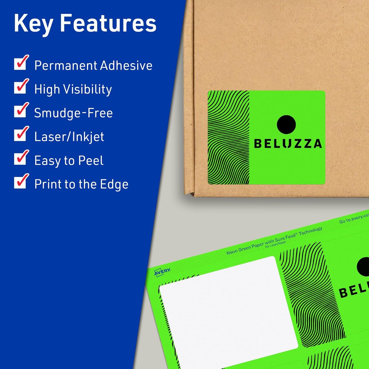 imageAvery Printable Rectangle Labels Sure Feed Technology 4quot x 3quot Neon Green Labels PrinttoTheEdge LaserInkjet Printable 80 Total Great for Shipping and Packaging320 labels