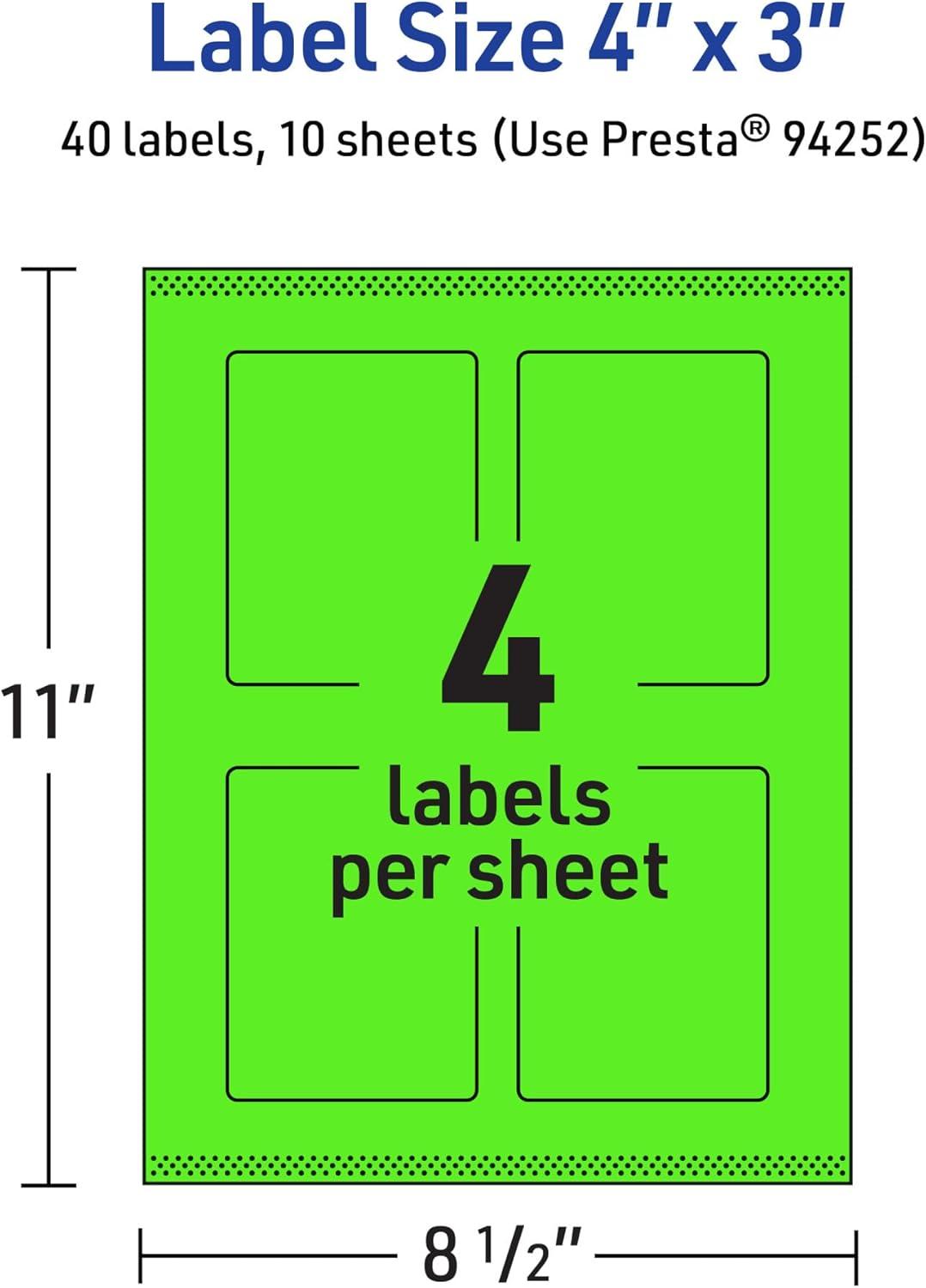imageAvery Printable Rectangle Labels Sure Feed Technology 4quot x 3quot Neon Green Labels PrinttoTheEdge LaserInkjet Printable 80 Total Great for Shipping and Packaging40 labels