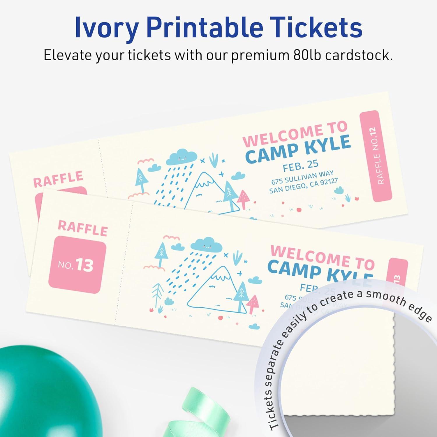 imageAvery Printable Rectangle Tickets 234quot x 812quot Matte Ivory Cardstock LaserInkjet Printable 200 Total40 cards