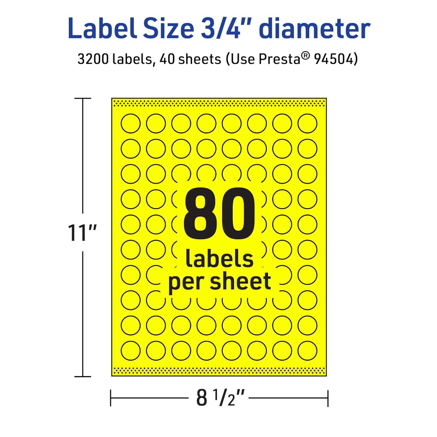 imageAvery Printable Round Labels Sure Feed Technology 34quot Diameter Neon Yellow Labels PrinttoTheEdge LaserInkjet 3200 Total Great for Price Stickers and Mailing Seals3 200 labels