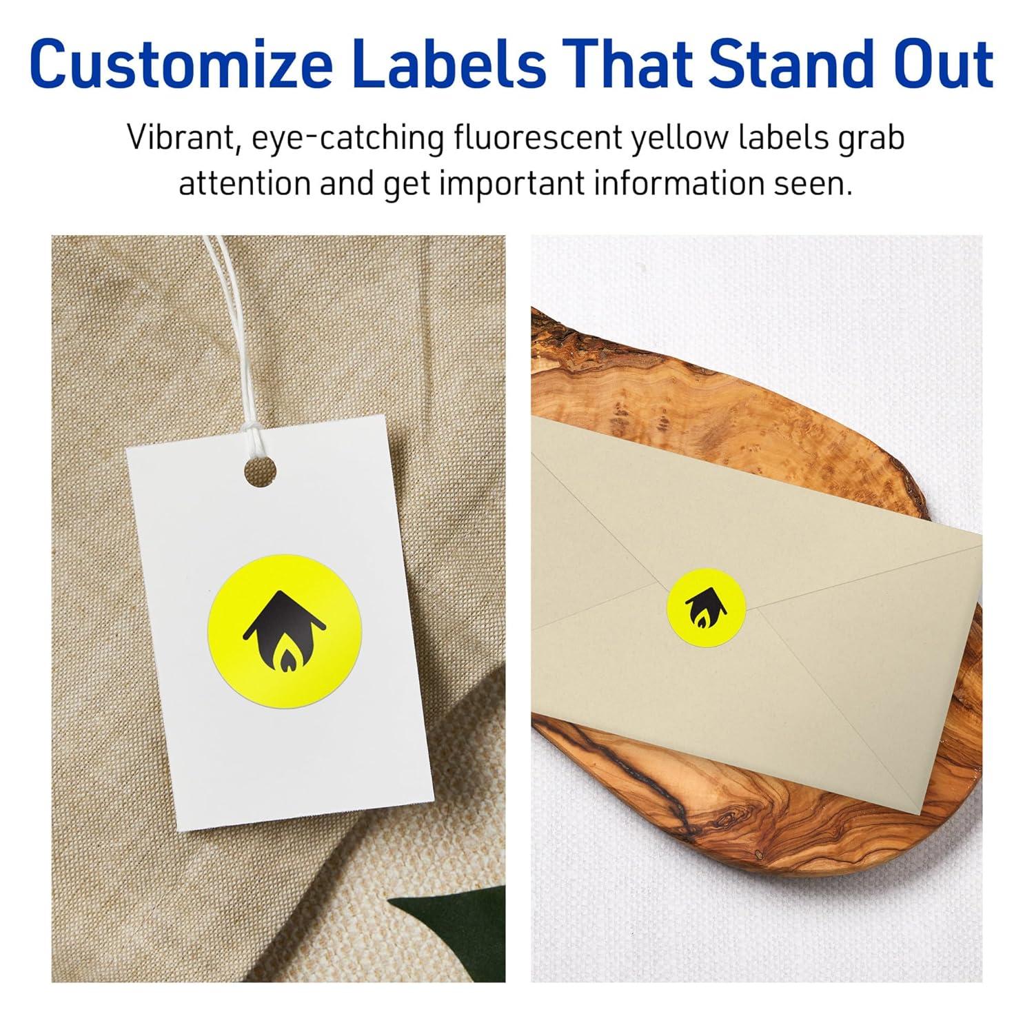 imageAvery Printable Round Labels Sure Feed Technology 34quot Diameter Neon Yellow Labels PrinttoTheEdge LaserInkjet 3200 Total Great for Price Stickers and Mailing Seals800 labels