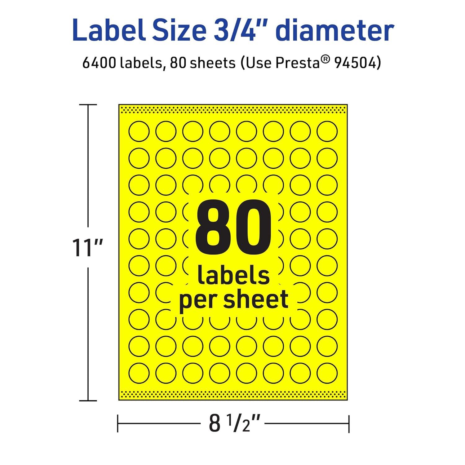 imageAvery Printable Round Labels Sure Feed Technology 34quot Diameter Neon Yellow Labels PrinttoTheEdge LaserInkjet 3200 Total Great for Price Stickers and Mailing Seals6 400 labels