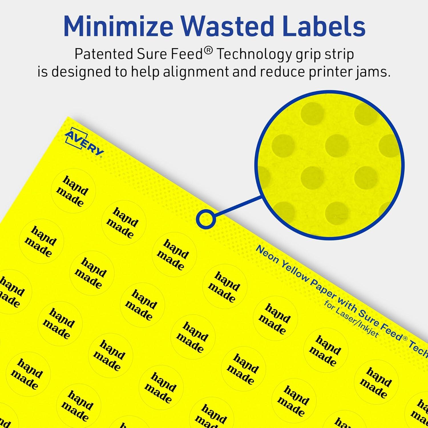 imageAvery Printable Round Labels Sure Feed Technology 34quot Diameter Neon Yellow Labels PrinttoTheEdge LaserInkjet 3200 Total Great for Price Stickers and Mailing Seals800 labels
