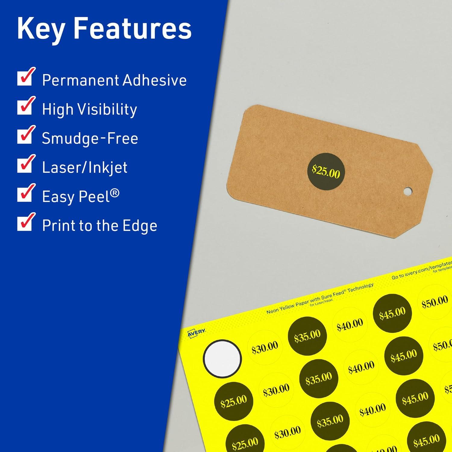 imageAvery Printable Round Labels Sure Feed Technology 34quot Diameter Neon Yellow Labels PrinttoTheEdge LaserInkjet 3200 Total Great for Price Stickers and Mailing Seals800 labels