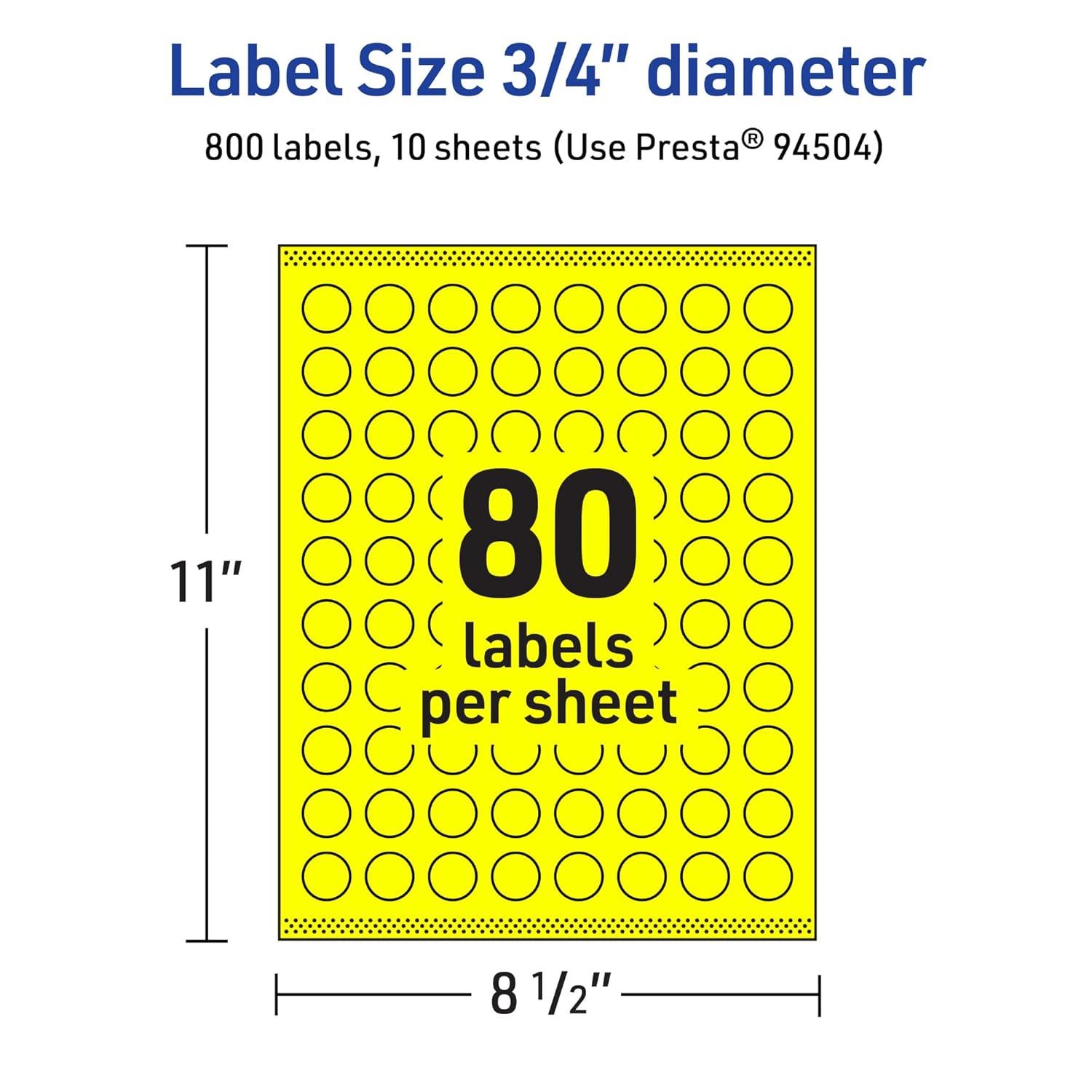 imageAvery Printable Round Labels Sure Feed Technology 34quot Diameter Neon Yellow Labels PrinttoTheEdge LaserInkjet 3200 Total Great for Price Stickers and Mailing Seals800 labels