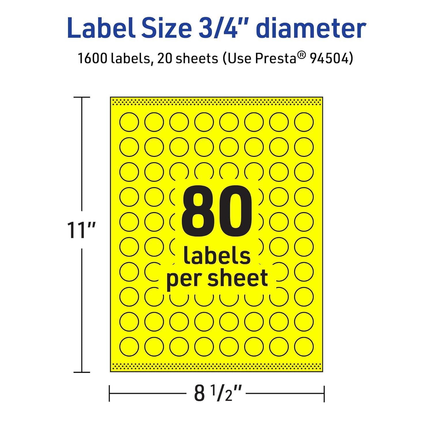 imageAvery Printable Round Labels Sure Feed Technology 34quot Diameter Neon Yellow Labels PrinttoTheEdge LaserInkjet 3200 Total Great for Price Stickers and Mailing Seals1 600 labels
