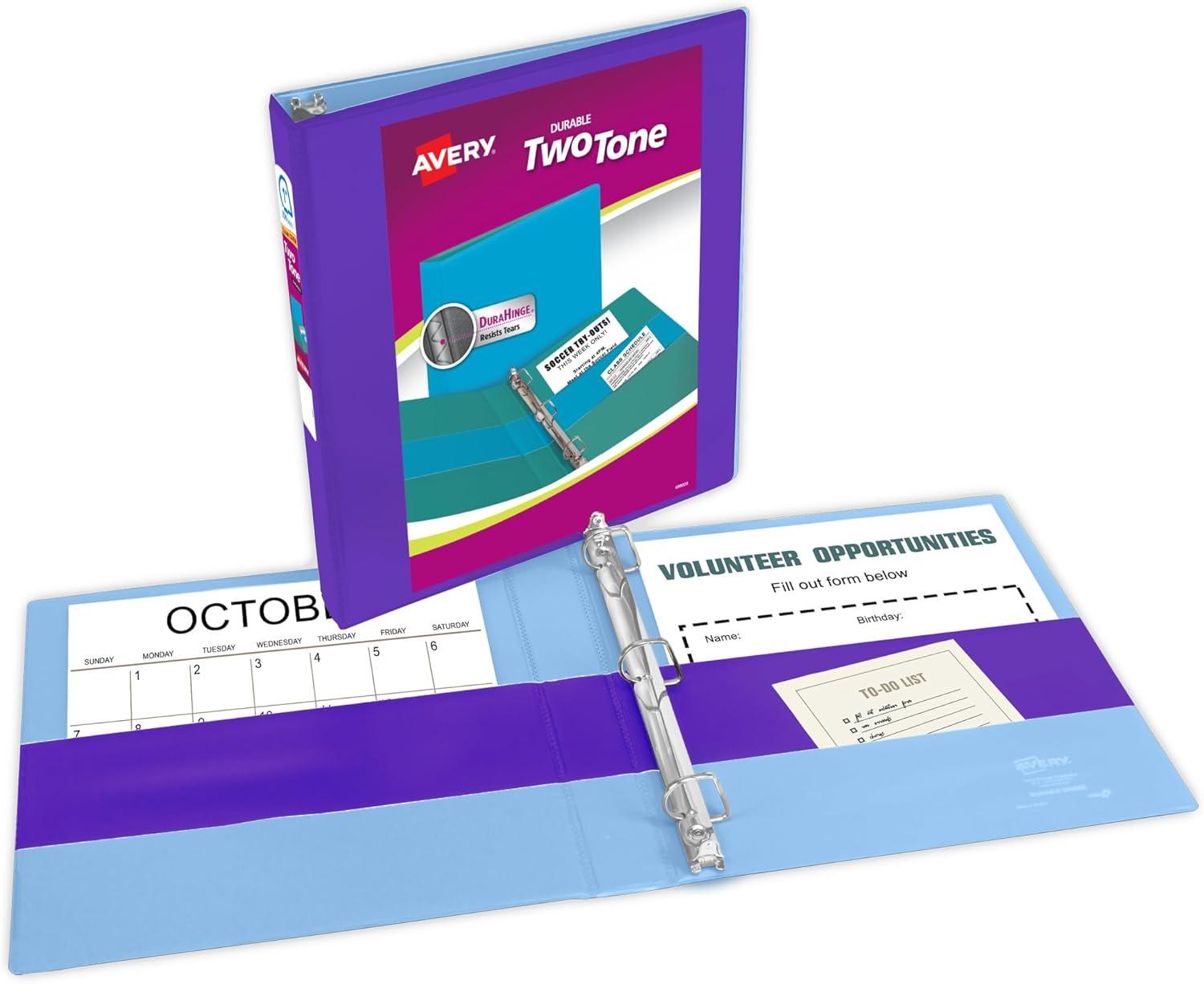 imageAvery TwoTone Durable View 3 Ring Binder 1 Inch Slant Rings VioletSoft Blue Binder 171311