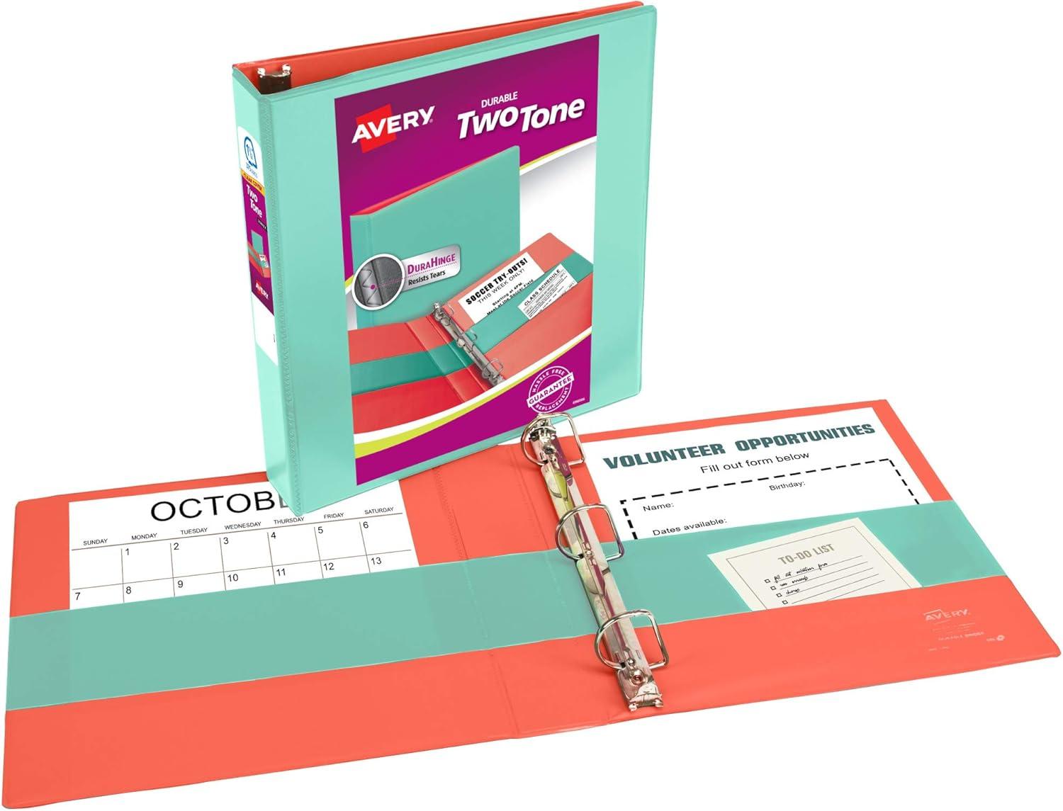 imageAvery TwoTone Durable View 3 Ring Binder 15 Inch Slant Rings MintCoral Binder 17289